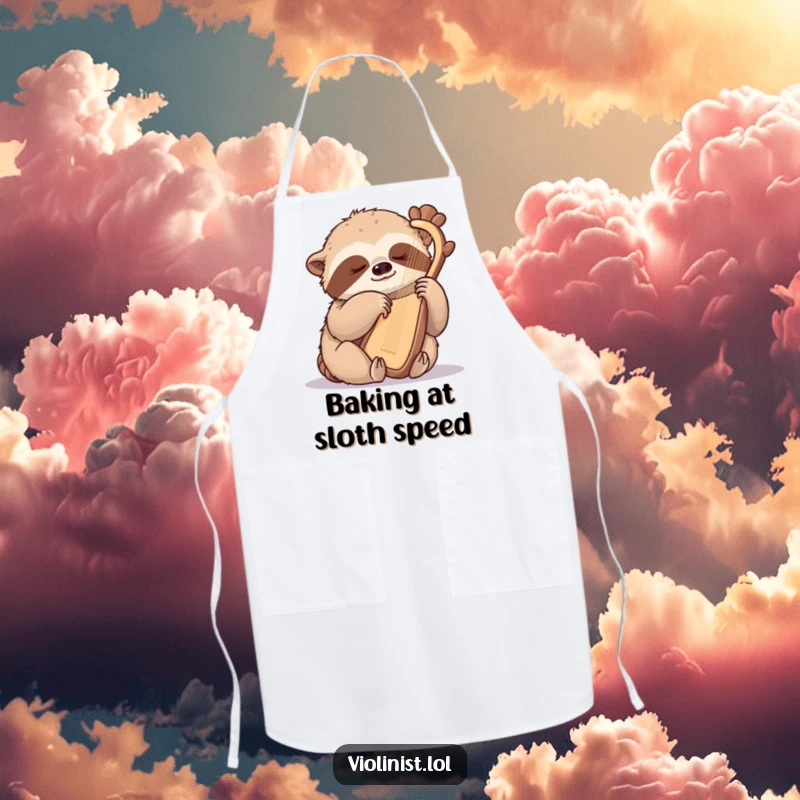 Funny sloth apron, a sleepy sloth gently plucking a harp with one claw, ready for the kitchen with serene musical accompaniment.