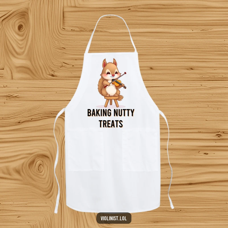 Funny squirrel apron showing a fluffy rodent playing the violin while balancing on a stool, a humorous kitchen accessory.