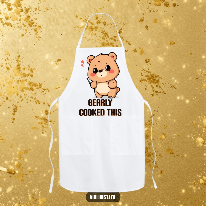 Funny apron showing a proud bear ready to cook, humorously referencing a shaky musical note, perfect for kitchen fun.