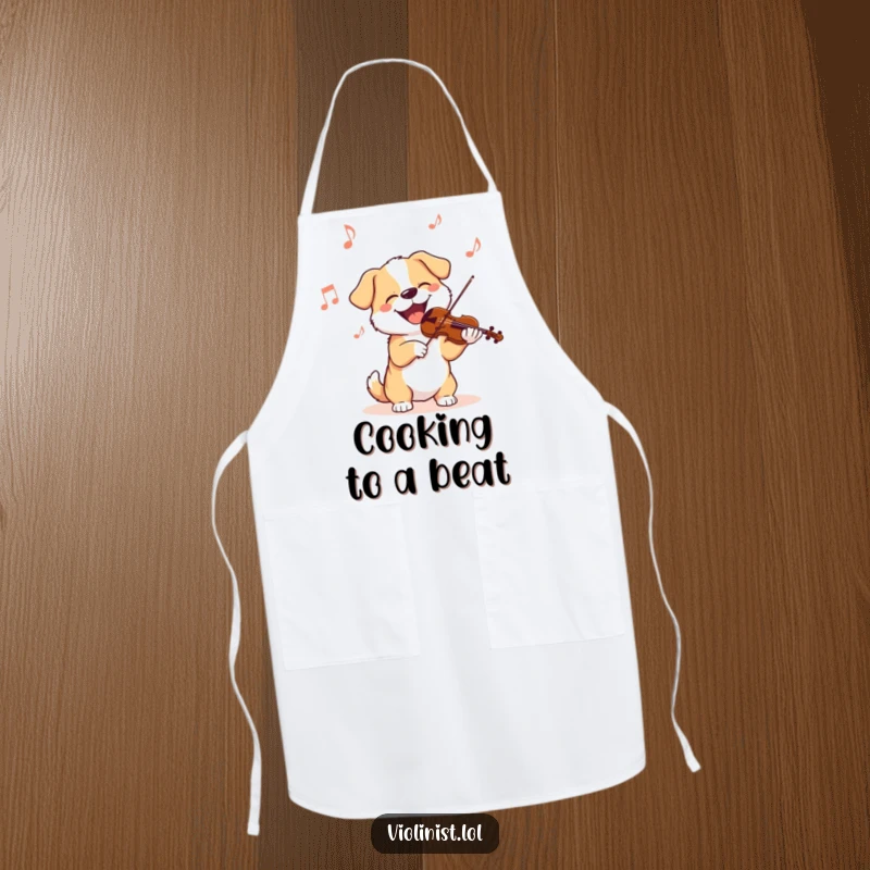 Funny dog apron featuring a dog joyfully playing the violin while cooking, bringing a delightful and musical vibe to the kitchen.