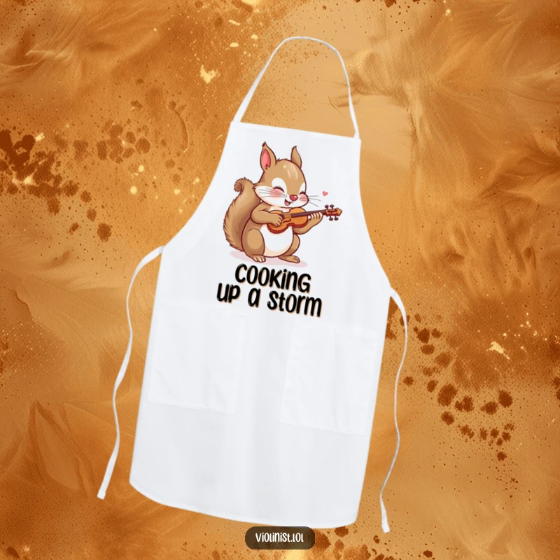 Funny apron with a playful squirrel energetically sawing a tiny violin, ready to add some musical flair to kitchen duties.