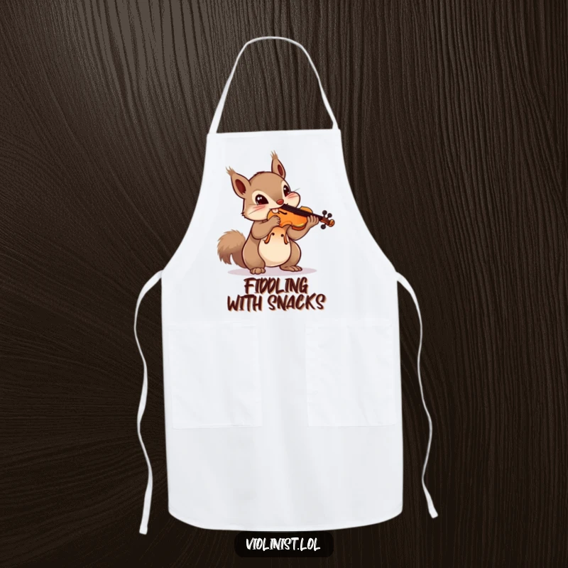 Funny squirrel apron showing a curious squirrel balancing a violin on its nose, ready to cook and entertain humorously.