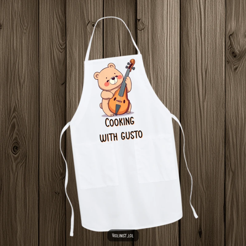 Funny bear playing a massive cello, making this apron a humorous and musical kitchen accessory.
