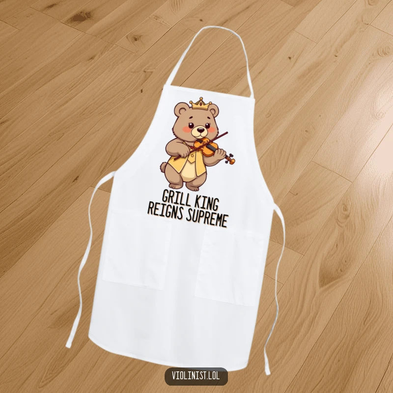Funny proud bear playing violin with regal posture, perfect for a kitchen apron.