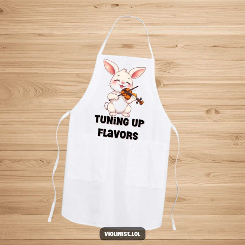 Funny bunny playing a miniature violin while cooking, a humorous and charming apron for home chefs and music lovers.