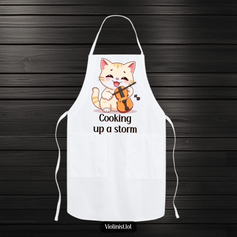 Funny cat apron showing a cheerful feline playing a tiny violin while cooking, a hilarious and musical kitchen accessory.