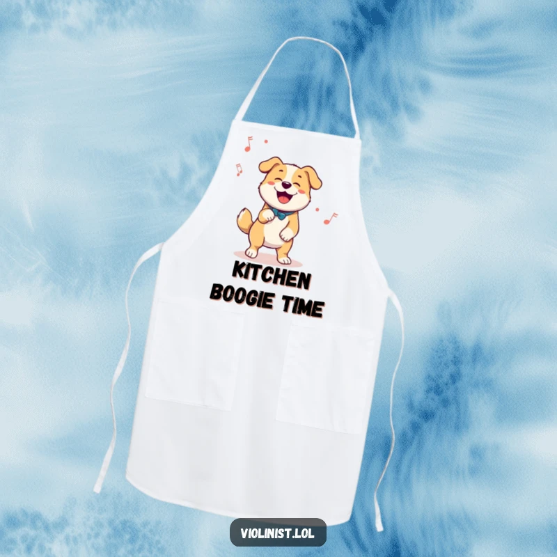 Funny apron showing a happy dog enthusiastically tapping its foot to a melody, a humorous kitchen accessory for dancers.