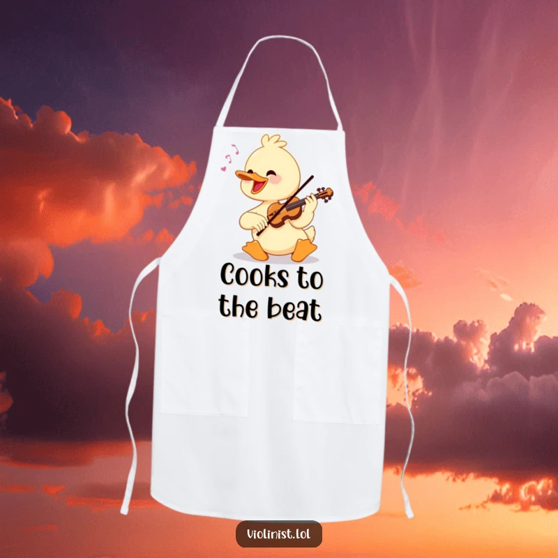 Funny duck playing a violin with virtuosic flair, featured on a kitchen apron.