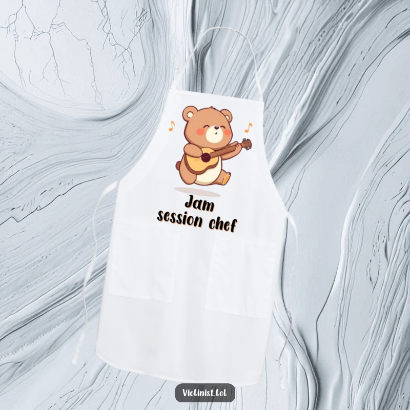 Funny energetic bear apron, happily bouncing and playing music while cooking, a delightful addition to any kitchen for a cheerful cook.