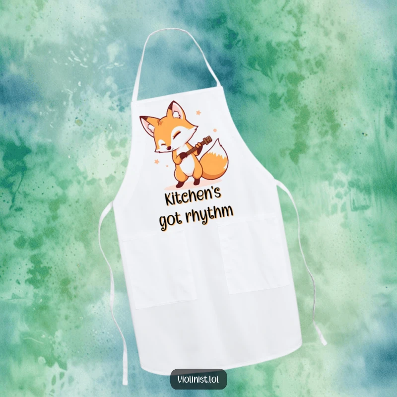 Funny determined fox tapping its foot rhythmically while playing, on a kitchen apron, perfect funny gift.
