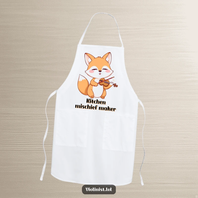 Happy fox with closed eyes playing a miniature violin, featured on a kitchen apron.