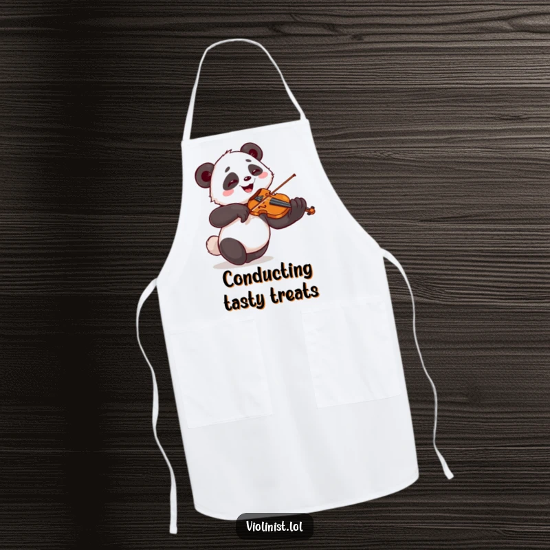 Funny apron featuring a giggling panda playing the violin with exaggerated flourish, ideal for a humorous culinary gift.