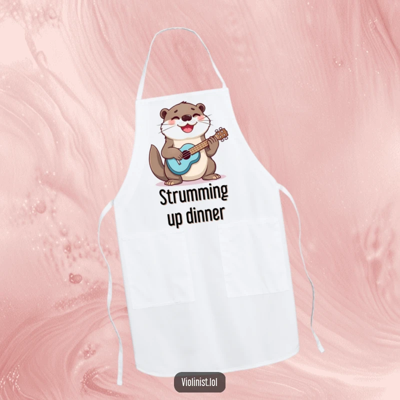 Funny otter energetically playing the ukulele, making this apron a humorous and musical kitchen accessory.