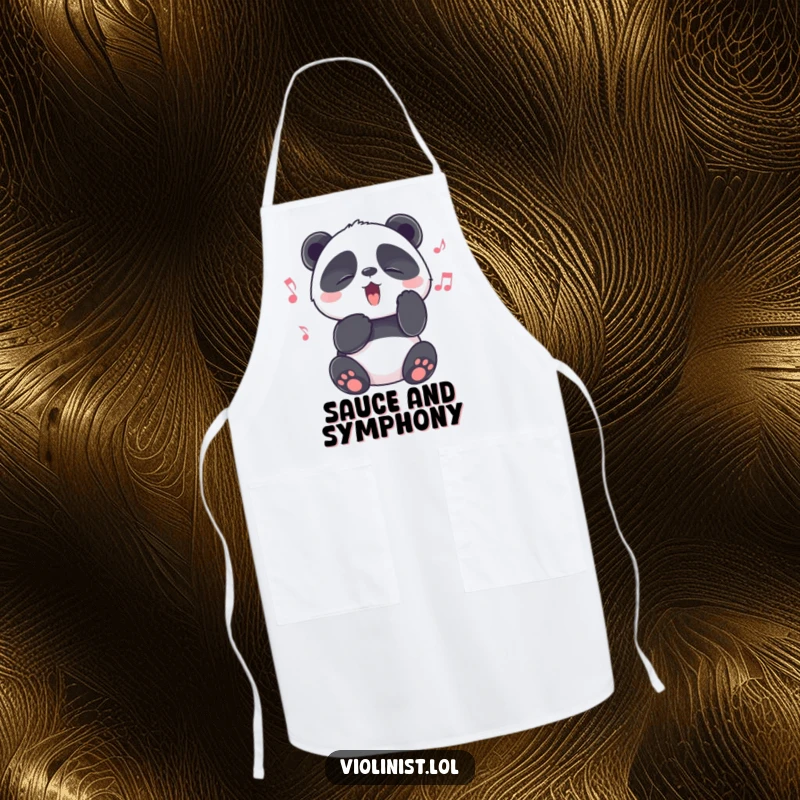 Funny panda with eyes shut tight in melodic bliss while cooking, on a kitchen apron, perfect funny gift.