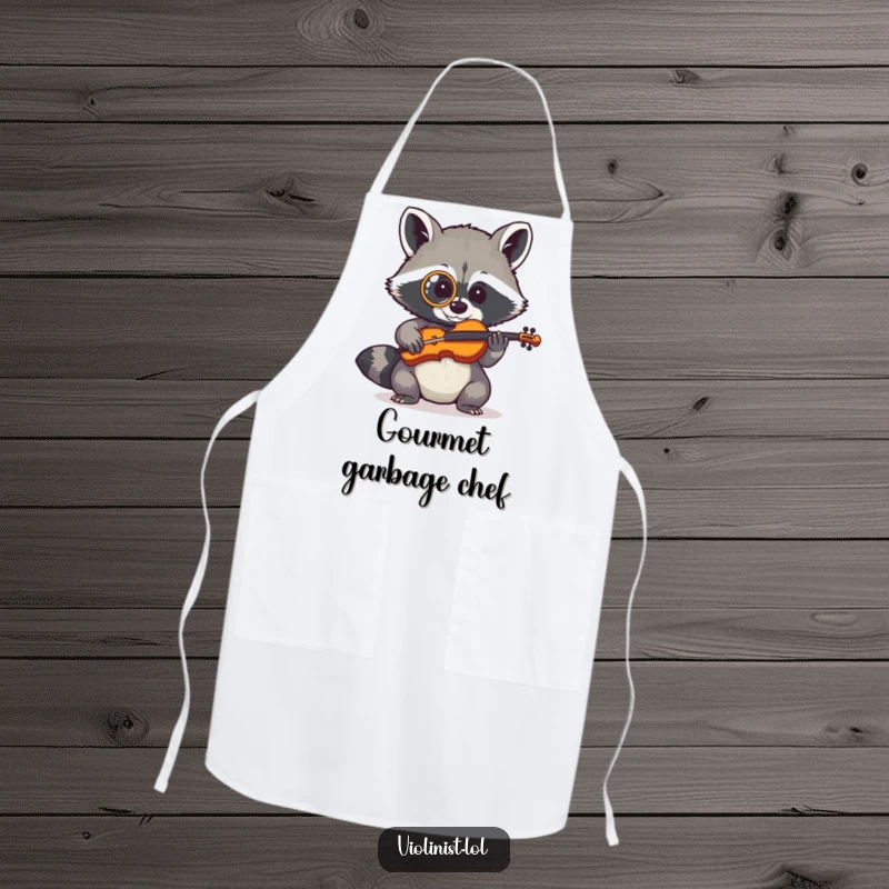 Shy raccoon wearing a monocle playing a tiny fiddle, featured on a kitchen apron.
