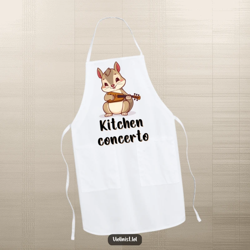 Funny apron: An energetic squirrel plays a miniature fiddle while cooking, a humorous design for kitchen enthusiasts and gift-givers.