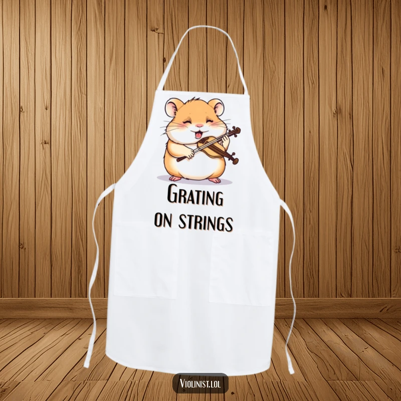 Funny hamster apron showing a giggling hamster intensely sawing a miniature violin, ready to cook with focused humor.