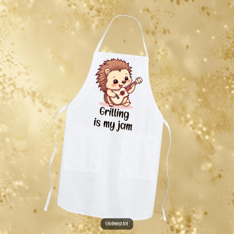 Funny apron featuring a happy hedgehog playing a miniature guitar, embodying musical fun in the kitchen.
