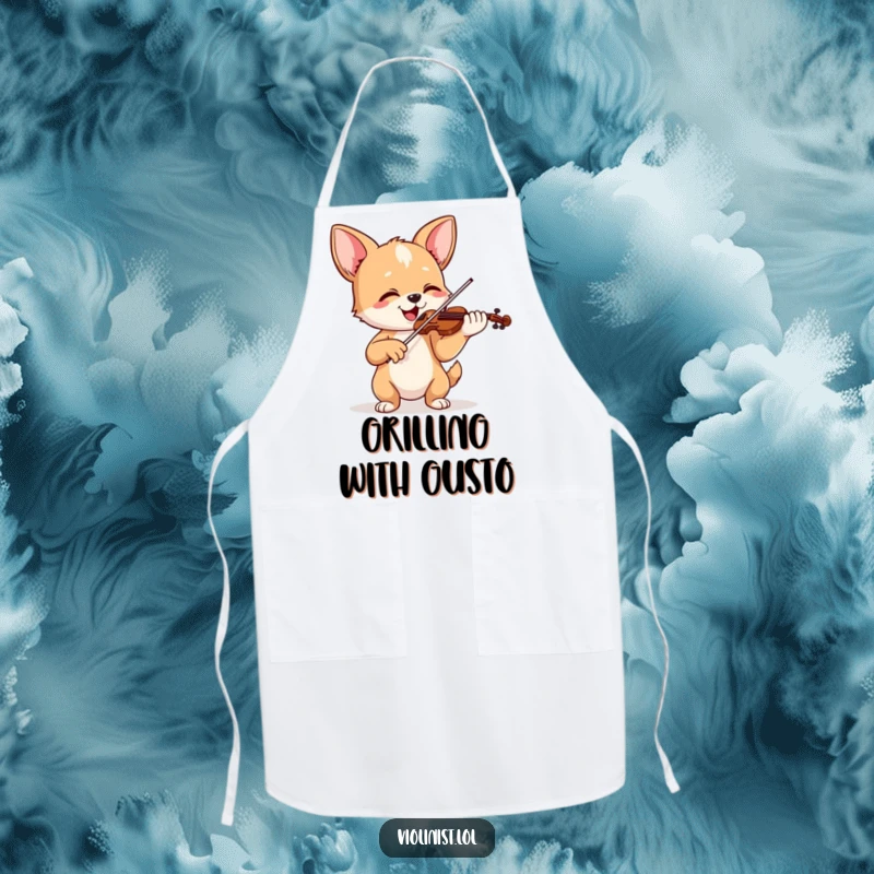 Funny apron depicting a happy dog playing violin with perked ears, ready for a joyful culinary performance.