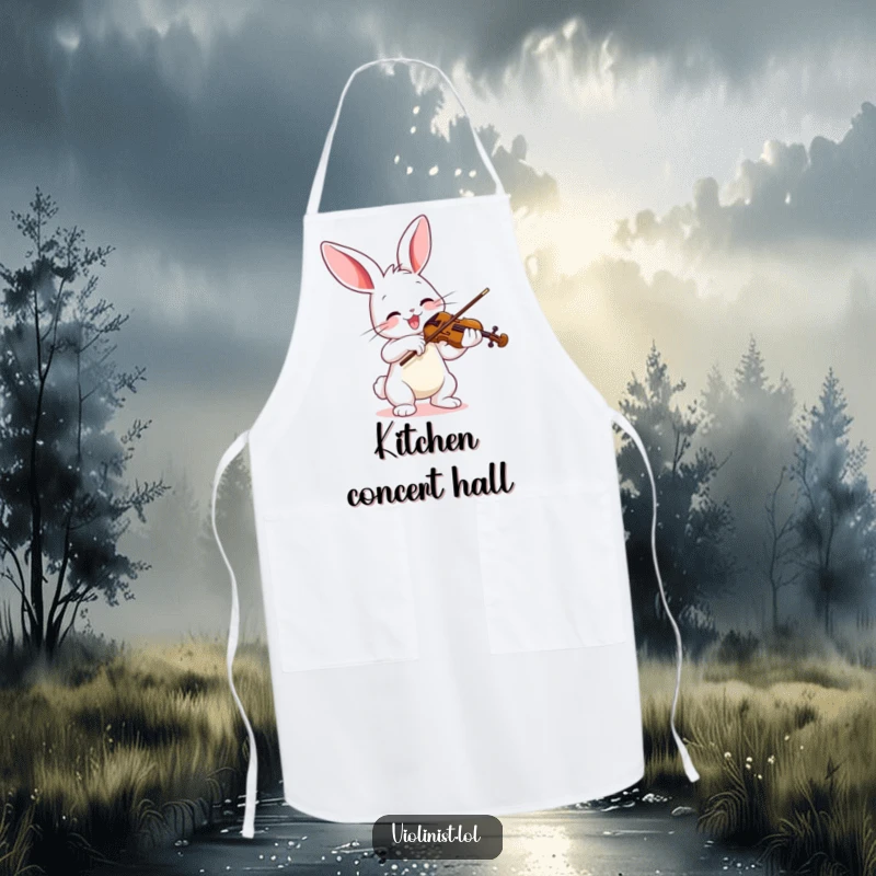 Funny apron showing a joyful bunny enthusiastically playing a violin with a vibrant bow, a humorous kitchen accessory for musicians.