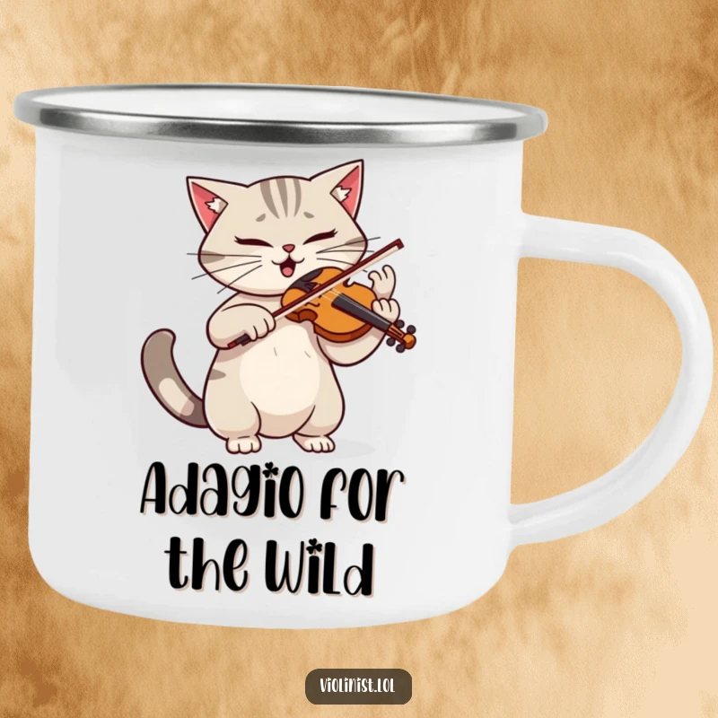 Funny camping mug featuring a determined cat playing violin with dramatic flair and a twitching tail, perfect for outdoor music lovers.