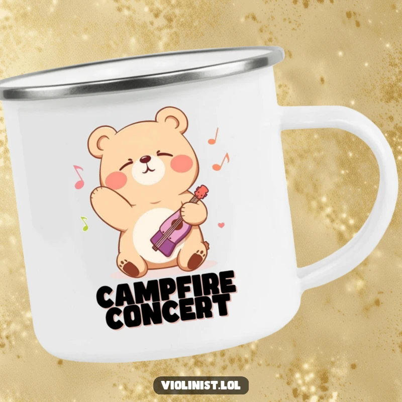 Funny bear bowing passionately with eyes closed, on a durable enamel camping mug, ideal for funny gifts.