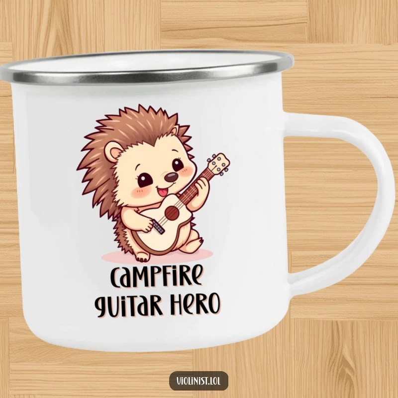 Funny camping mug showing a happy hedgehog playing a miniature guitar, ideal for outdoor adventures and musical fun.