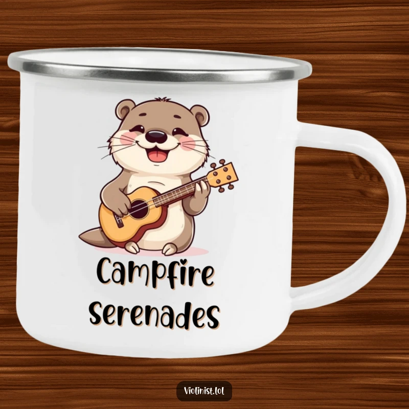 Funny otter strumming a ukulele, enamel camping mug, humorous and durable, perfect for musical outdoorsy types.