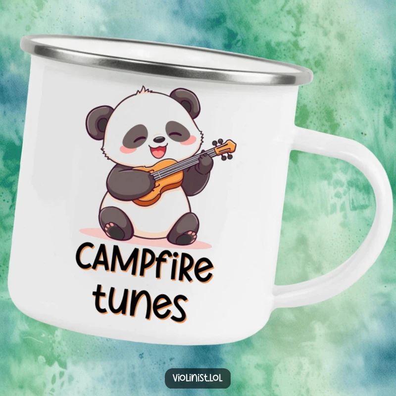Funny panda camping mug, silly grin, energetically strumming a violin, ideal for outdoor lovers who enjoy music and humor.