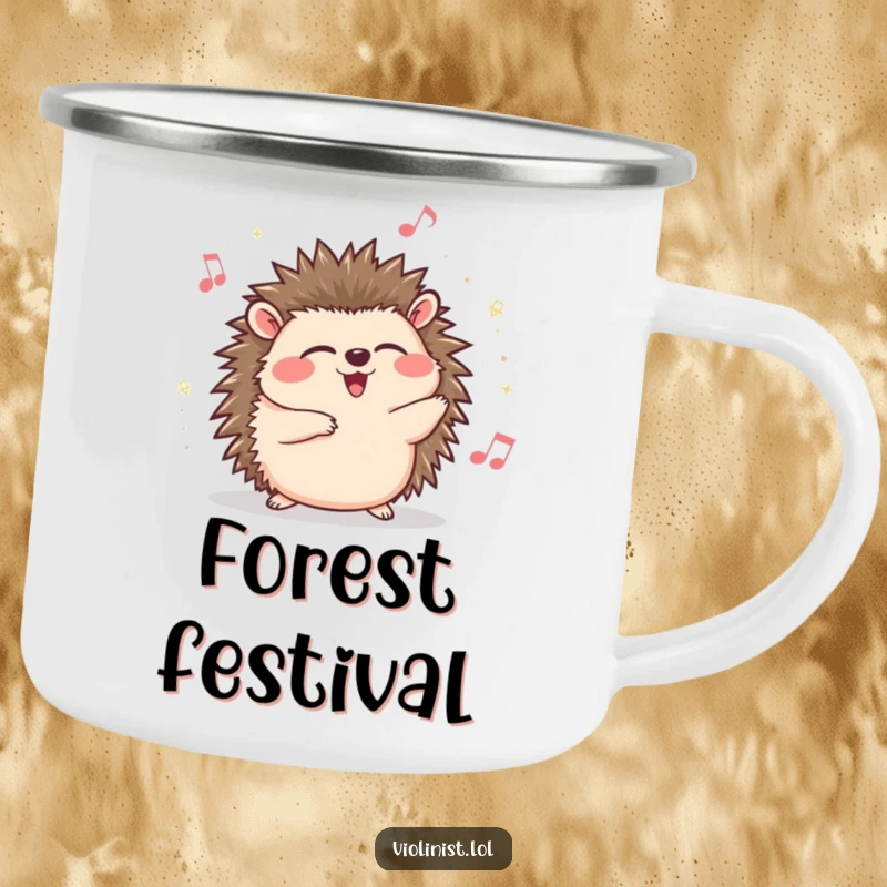 Funny hedgehog camping mug, giggling, eyes closed, swaying to music, perfect for outdoor enthusiasts who love tunes and humor.