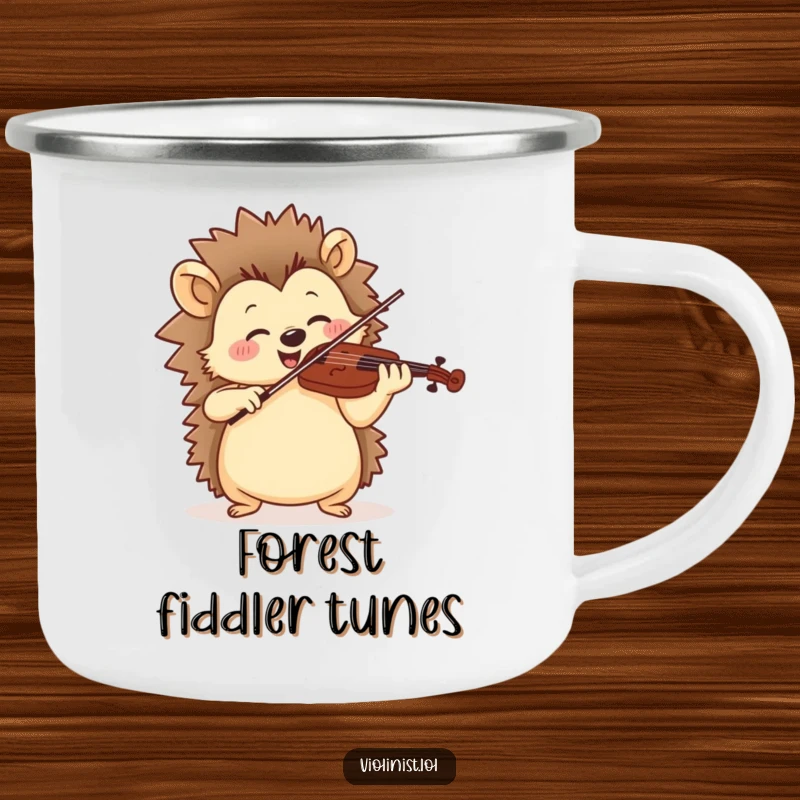 Funny camping mug showing a jolly hedgehog playing violin with rhythmic motion, ready for music and outdoor fun.