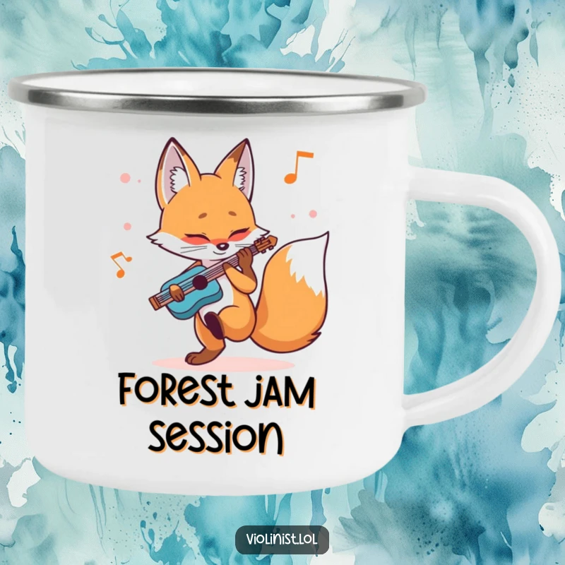 Funny fox camping mug showing a determined vulpine tapping its foot to a melody in an outdoor setting, a musical companion.