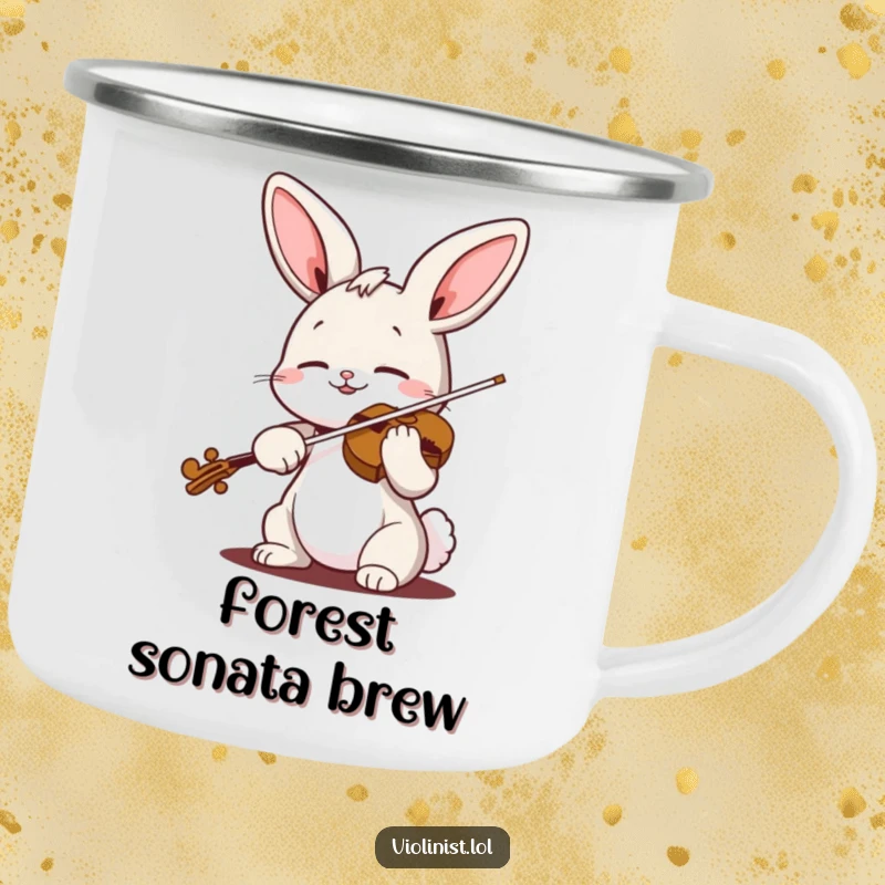 Funny bunny violin camping mug featuring a cheerful rabbit playing the violin blissfully, perfect for outdoor sipping and songs.