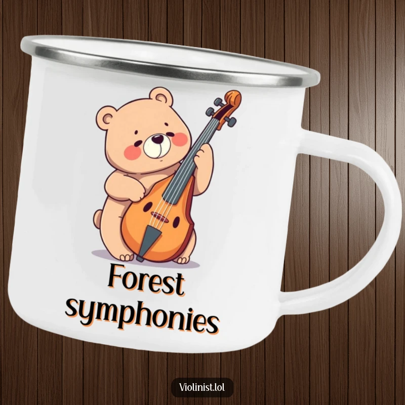 Funny bear energetically playing a massive cello, perfect for this durable camping mug for musical outdoor enjoyment.