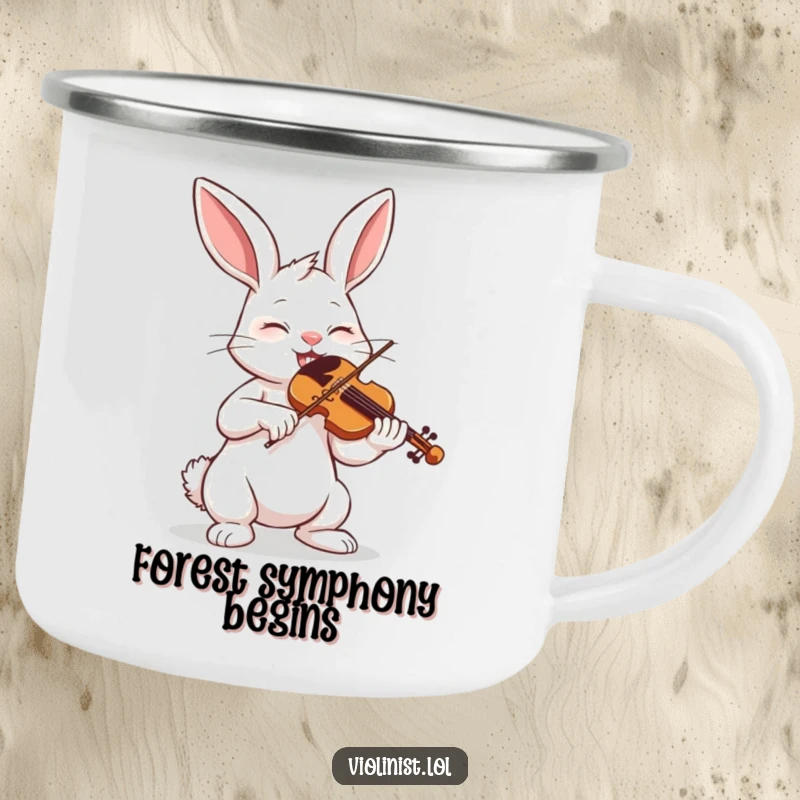Funny bunny playing violin with eyes closed, perfect for a rugged camping mug.