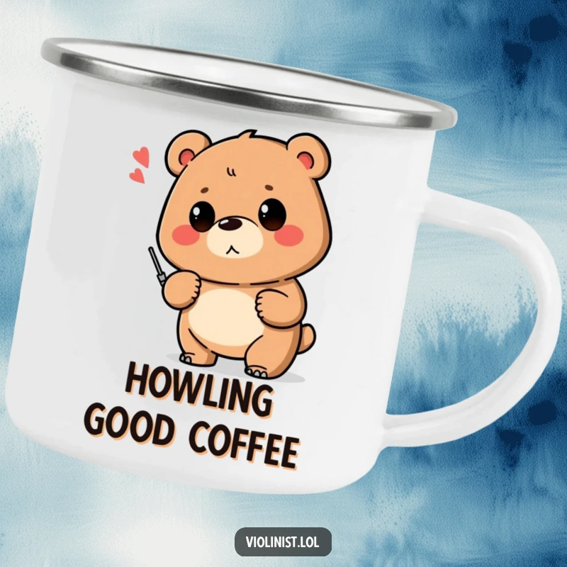 Funny camping mug featuring a proud bear and a shaky musical note, celebrating humorous outdoor music adventures.