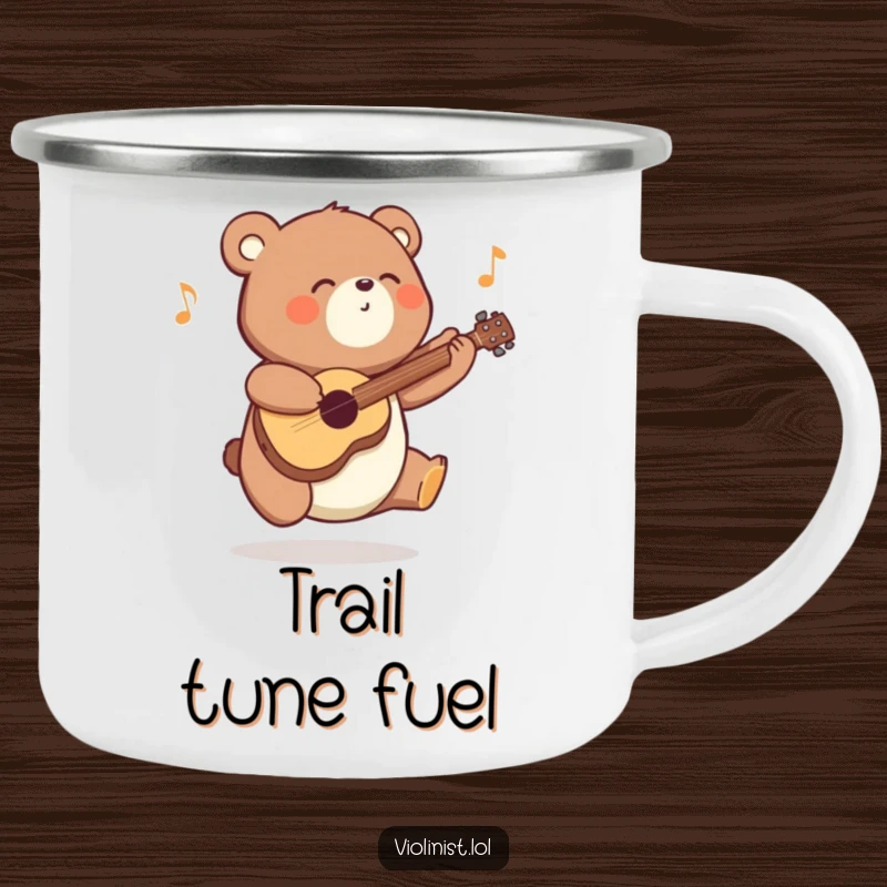 Funny energetic bear camping mug, joyfully playing a tune in an outdoor setting, ready for adventure and hot beverages.