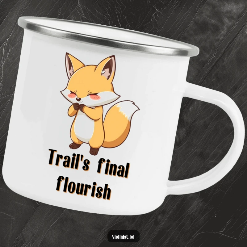 Funny fox bow camping mug featuring a determined fox performing a dramatic bow, perfect for outdoor sipping and applause.