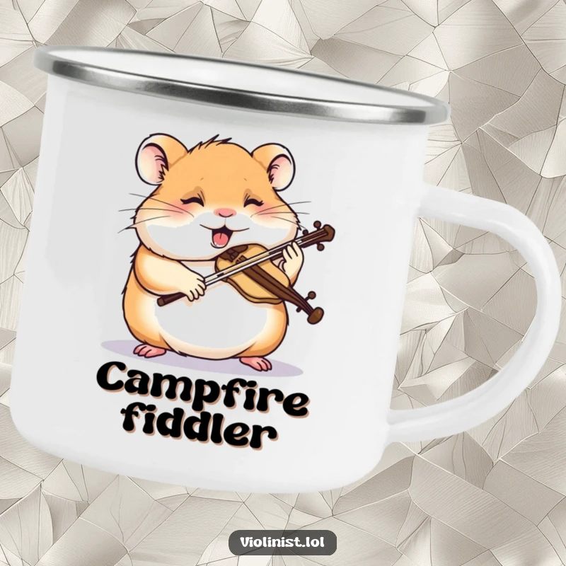 Funny hamster camping mug showing a giggling hamster intensely sawing a miniature violin, perfect for outdoor focused humor.