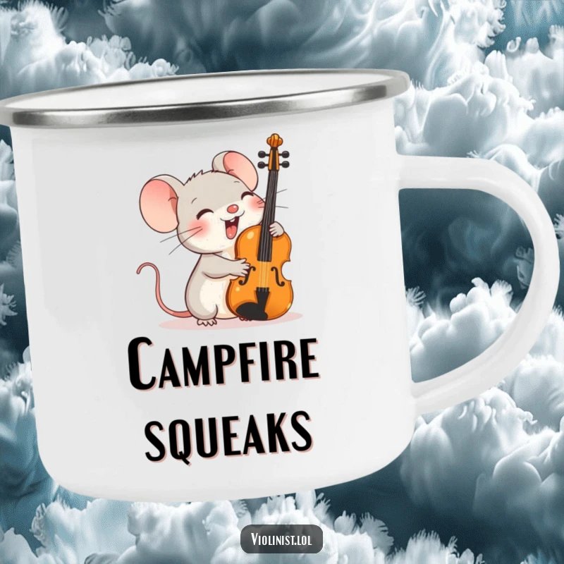 Funny camping mug of a tiny mouse giggling heartily as an oversized violin rests against its shoulder outdoors.