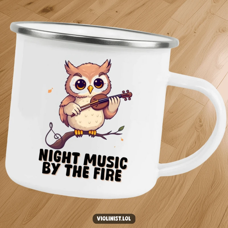 Funny camping mug with a curious owl playing a violin on a musical note, ideal for wise outdoor enthusiasts who enjoy humor and music.