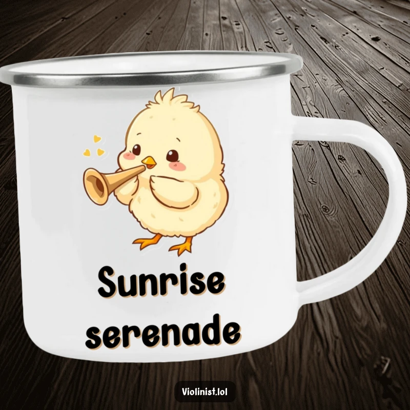 Funny camping mug featuring a fluffy chick playing a tiny trumpet, ideal for musical outdoor moments.