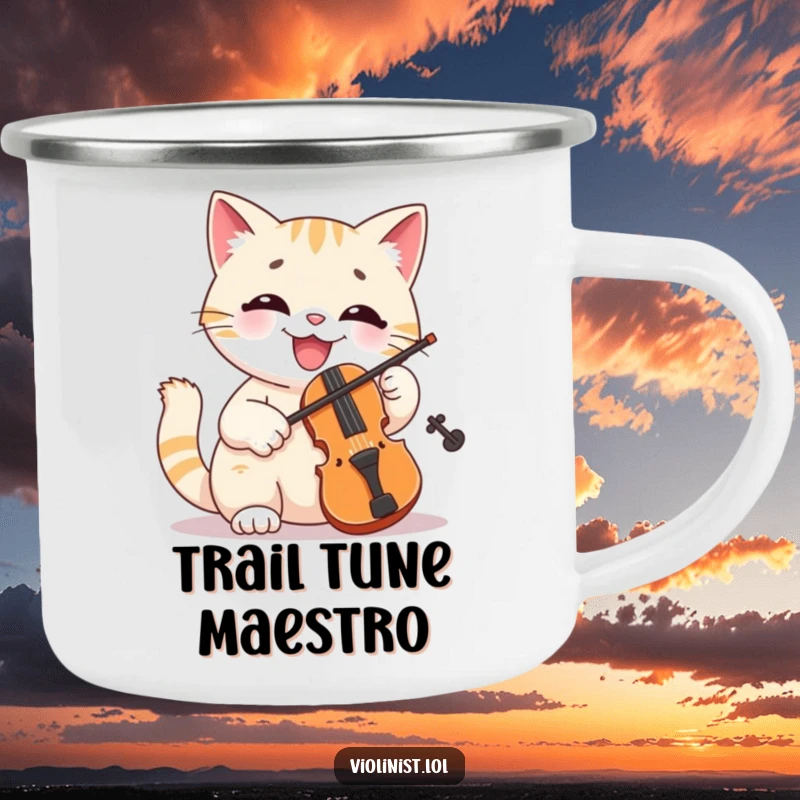 Funny cat camping mug showing a cheerful feline playing a tiny violin outdoors, a musical companion for adventures.