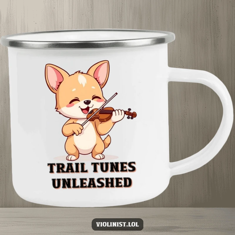 Funny camping mug showing a happy dog playing violin with ears perked up, ready for music and adventure.