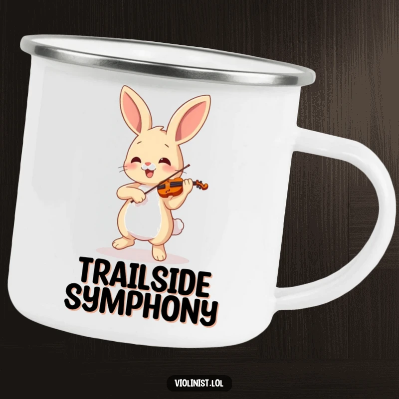 Funny dancing bunny playing a tiny violin on a durable enamel camping mug, ideal for funny gifts.