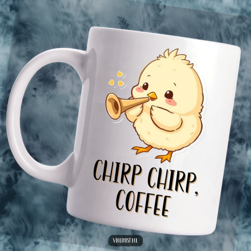 Funny mug featuring a fluffy chick enthusiastically blowing a tiny trumpet with joyful abandon.