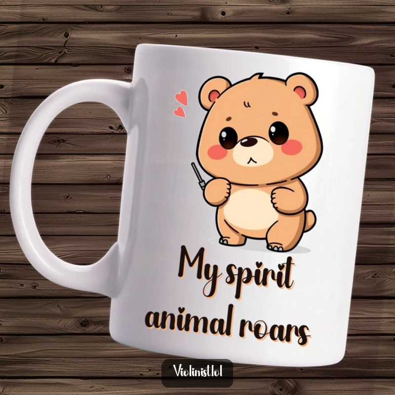 Funny mug featuring a proud, determined bear clutching a shaky musical note after a performance, embodying humorous perseverance.