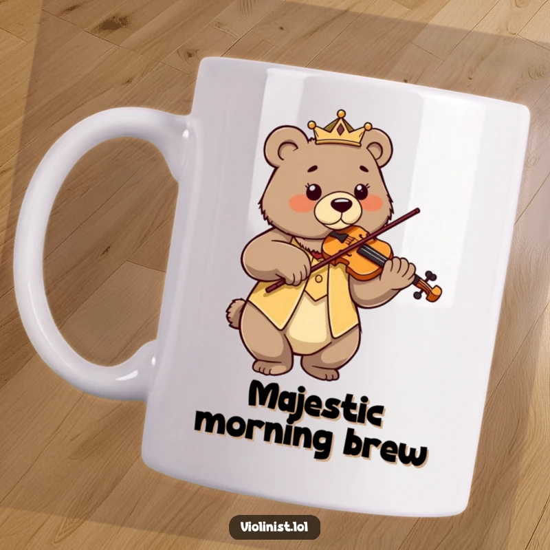 Funny proud bear playing violin with regal posture and focused gaze, perfect for a mug.