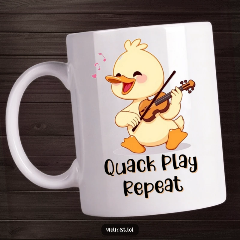 Funny, cheerful duck playing a violin with great skill and enthusiasm, depicted on a coffee mug.
