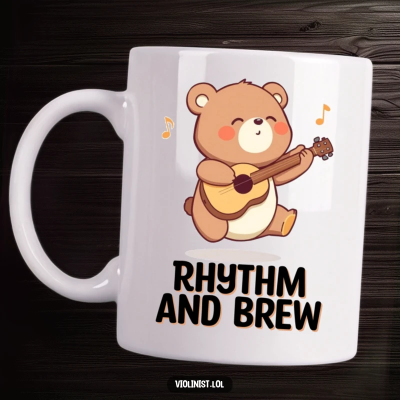 Funny energetic bear mug, joyfully bouncing and playing a tune, radiating happiness and musical passion. Ideal for music fans.